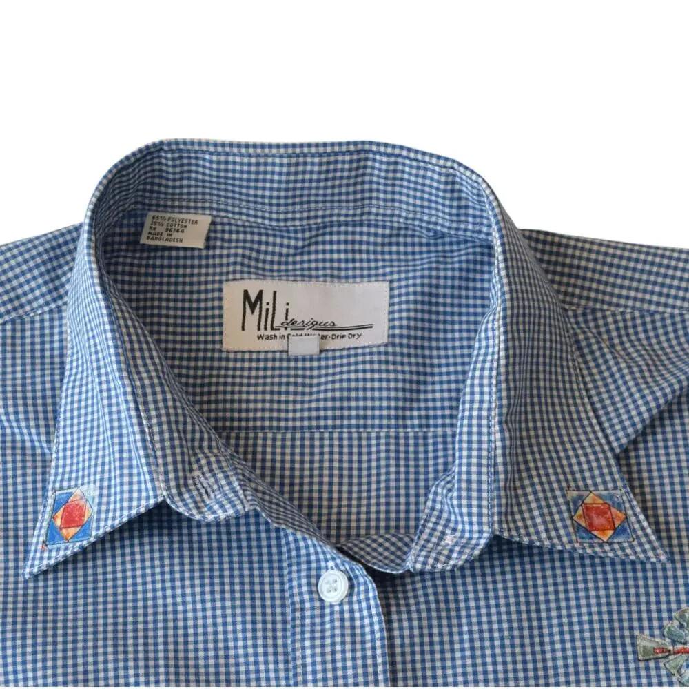 Vintage Gingham Shirt with Amish Folk Art Wagon & Quilt Block Prints - Picture 4 of 6